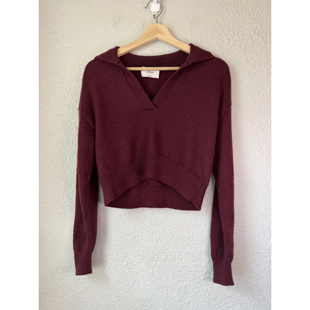 Wilfred Aritzia Burgundy 100% Merino Wool Cropped Polo V-Neck Sweater Small - Picture 2 of 5